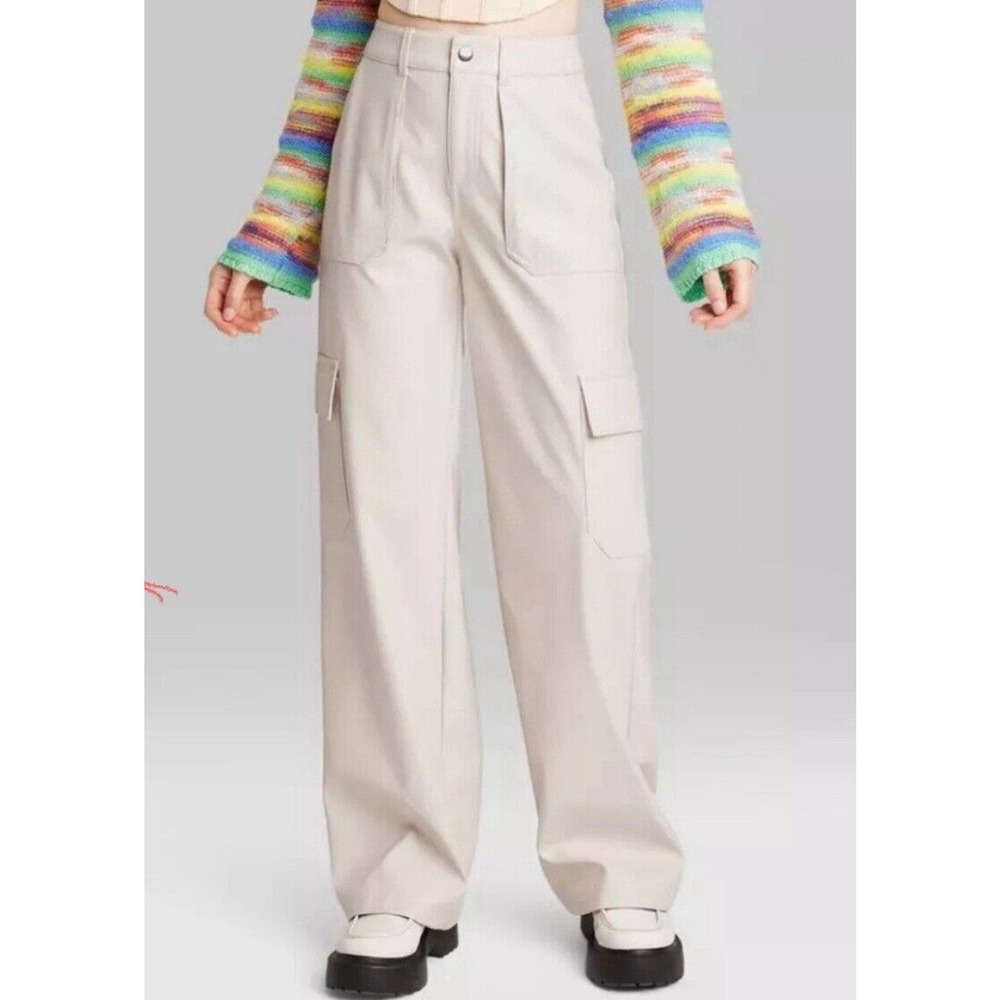 Wild Fable High-Rise Straight Leg Faux Leather Cargo Pants - Tan Women's L New